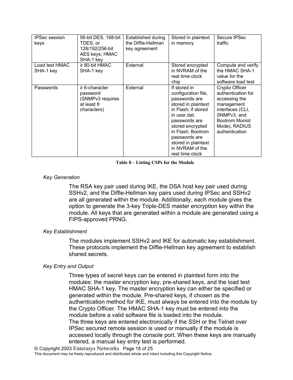 Key generation, Key establishment, Key entry and output | Enterasys Networks XSR-1805 User Manual | Page 18 / 25