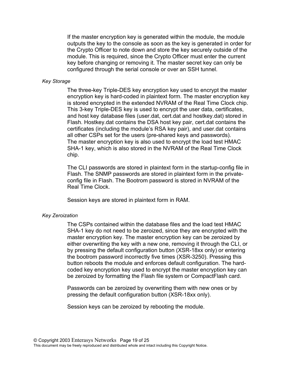 Key storage, Key zeroization, Key storage key zeroization | Enterasys Networks XSR-1805 User Manual | Page 19 / 25