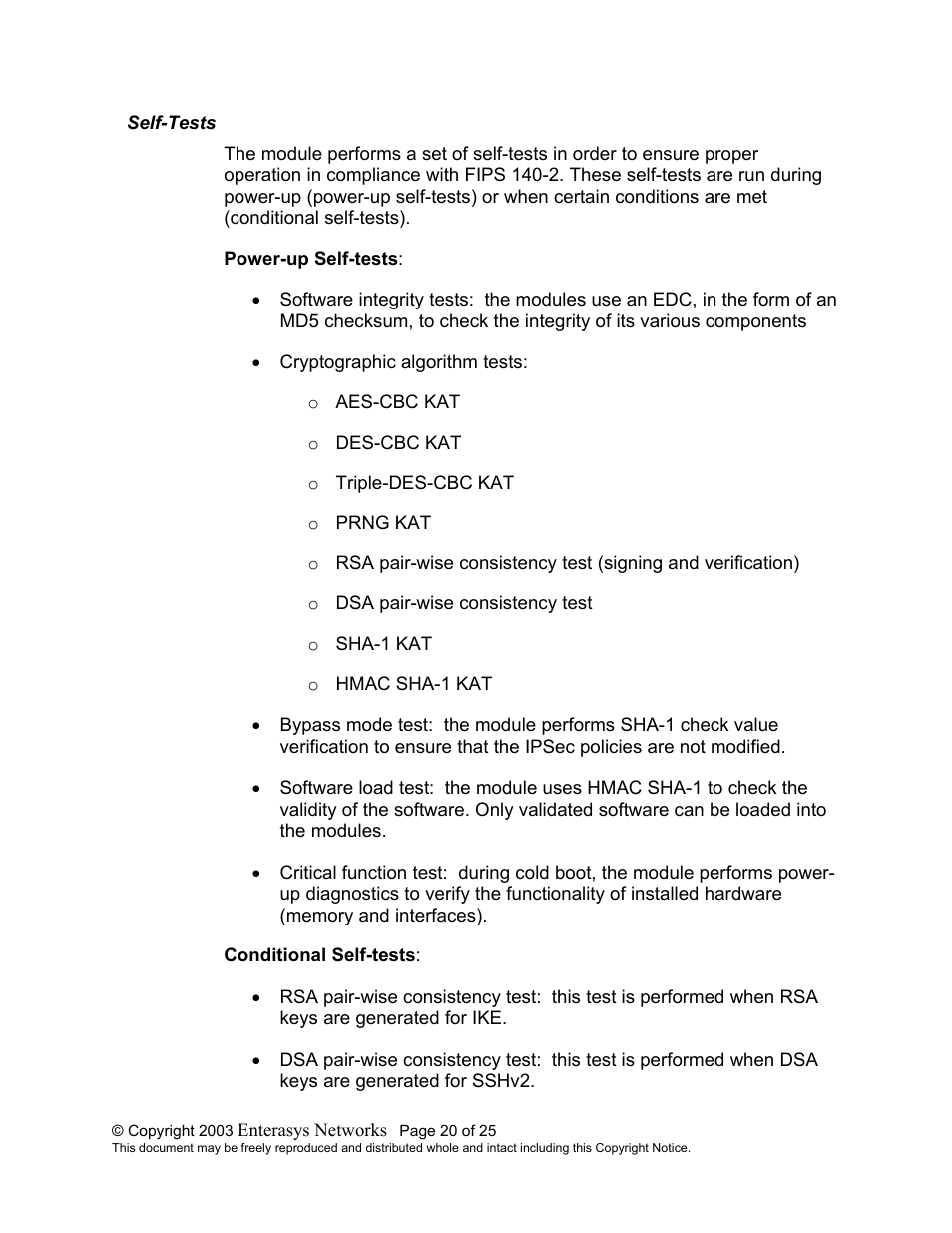 Self-tests, Ests | Enterasys Networks XSR-1805 User Manual | Page 20 / 25
