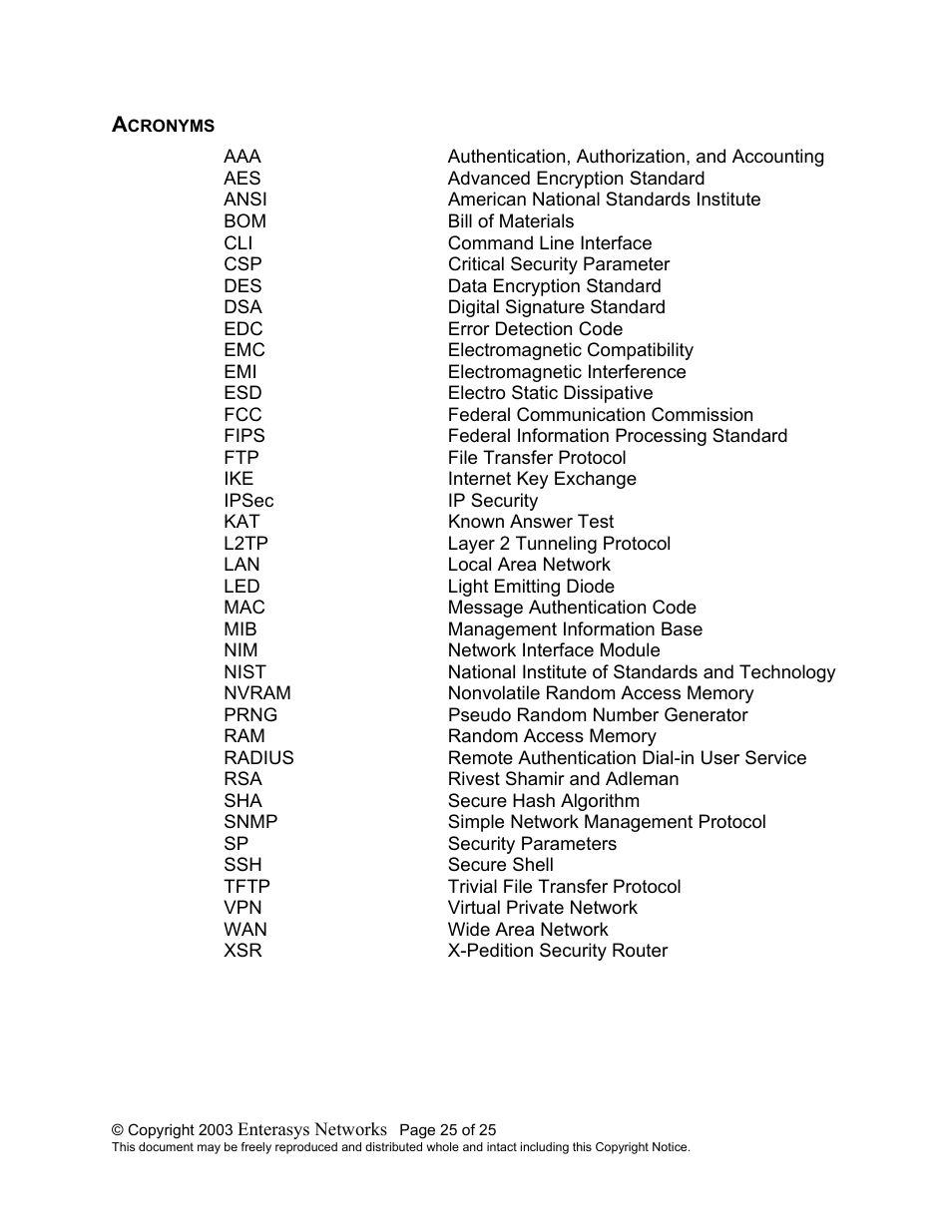 Acronyms | Enterasys Networks XSR-1805 User Manual | Page 25 / 25