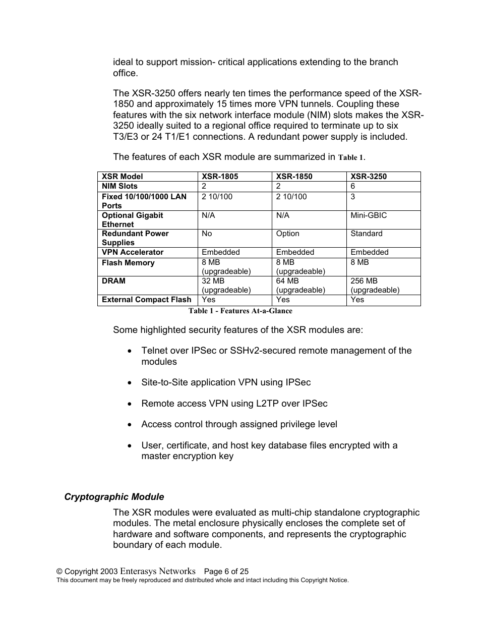 Cryptographic module, Ryptographic, Odule | Enterasys Networks XSR-1805 User Manual | Page 6 / 25