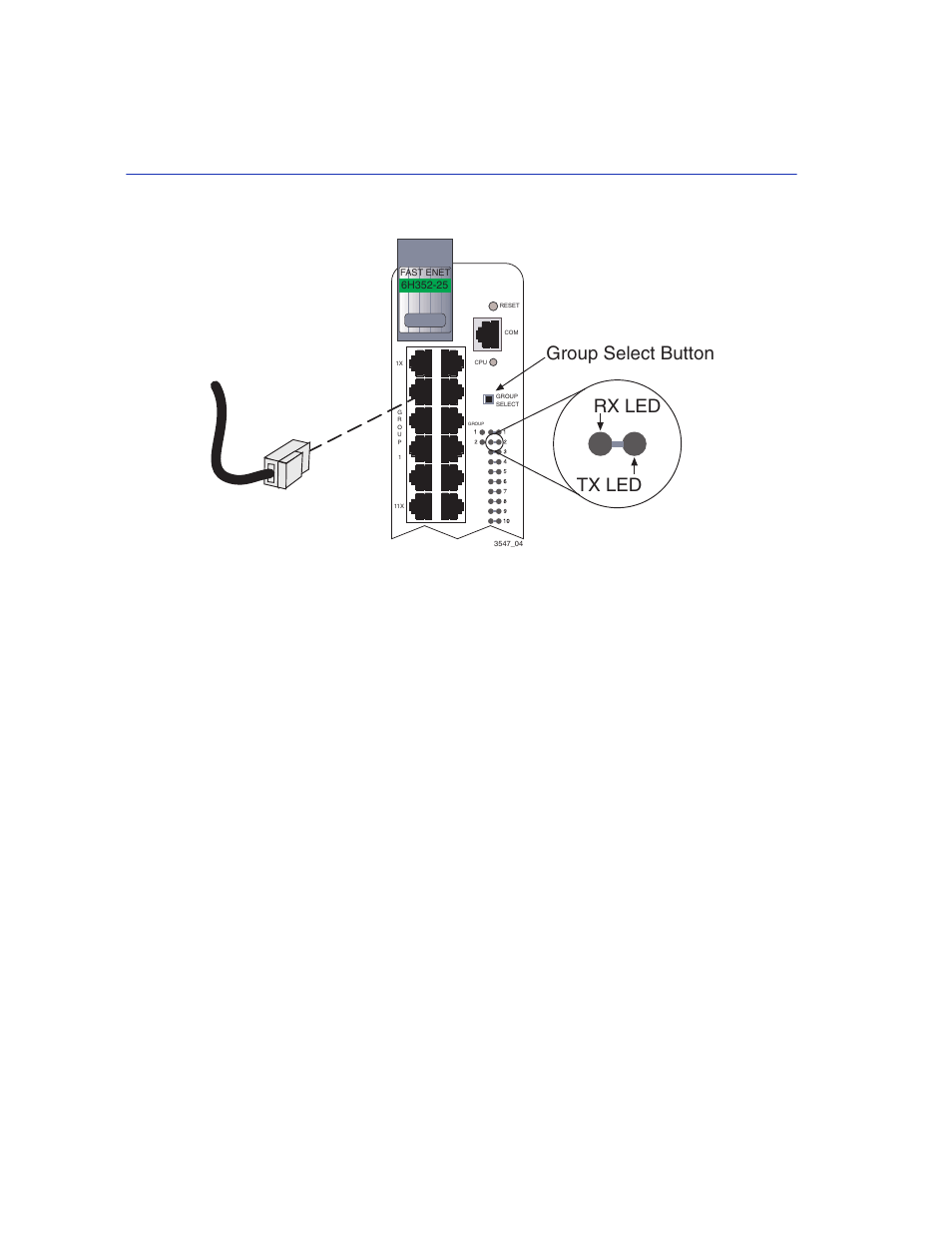 Connecting a twisted pair segment to the 6h352-25, Figure 3-3, Group select button rx led tx led | Enterasys Networks Enterasys Matrix 6H352-25 User Manual | Page 34 / 56