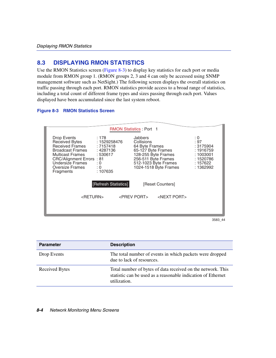 3 displaying rmon statistics, Displaying rmon statistics -4, Rmon statistics screen | Rmon statistics | Enterasys Networks 5H1XX User Manual | Page 100 / 144