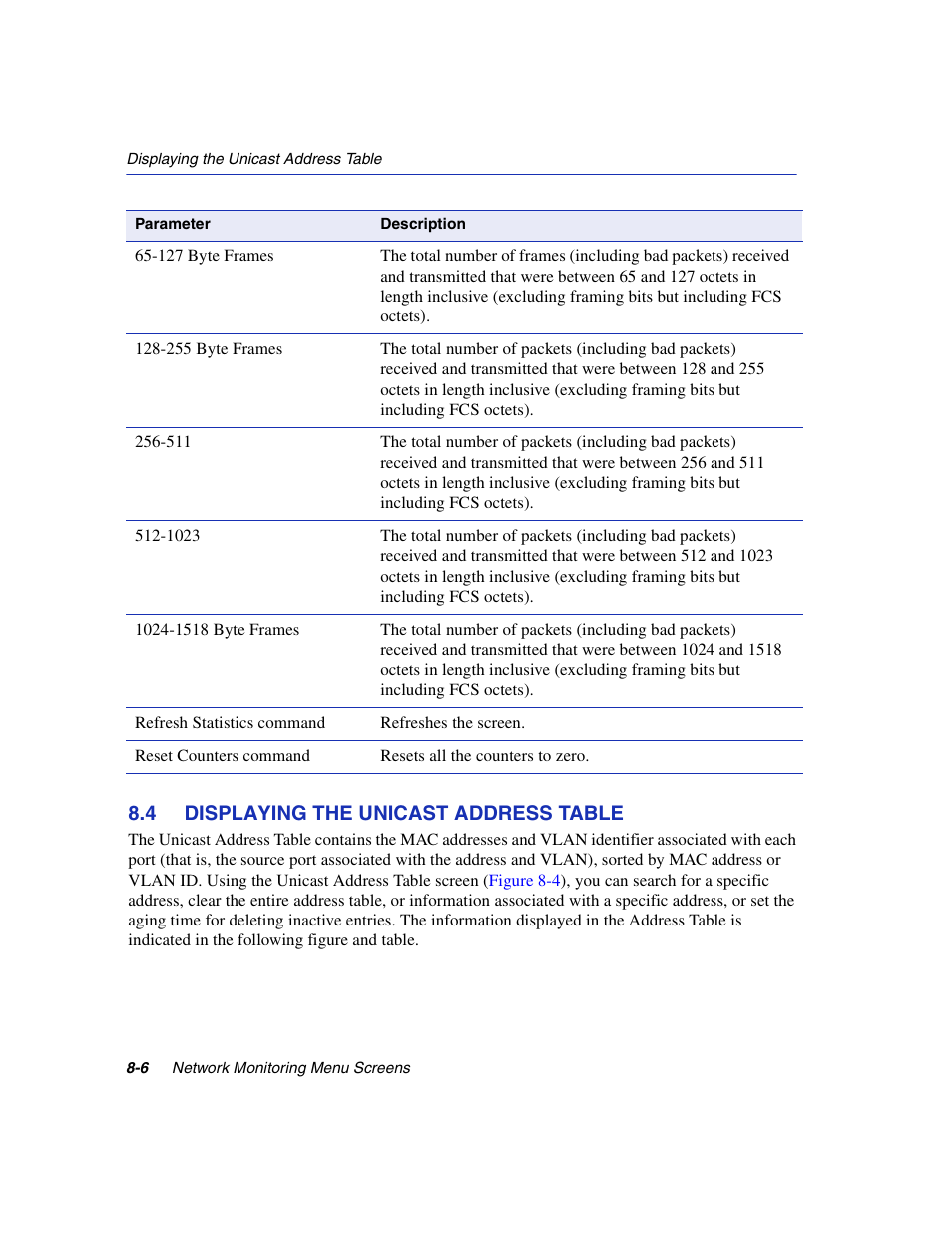 4 displaying the unicast address table, Displaying the unicast address table -6, Unicast address table | Section 8.4 | Enterasys Networks 5H1XX User Manual | Page 102 / 144