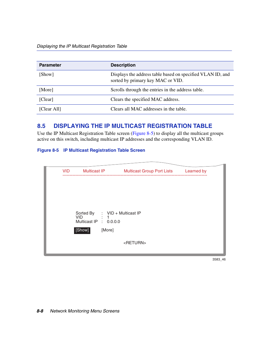 5 displaying the ip multicast registration table, Displaying the ip multicast registration table -8, Ip multicast registration table screen | Ip multicast registration table | Enterasys Networks 5H1XX User Manual | Page 104 / 144