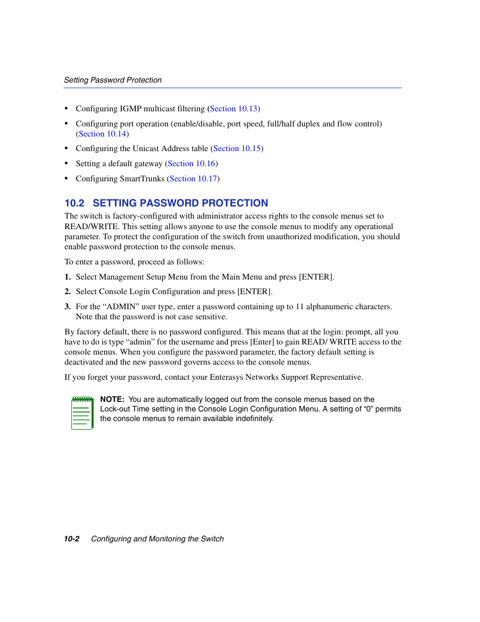 2 setting password protection, Section 10.2 | Enterasys Networks 5H1XX User Manual | Page 110 / 144