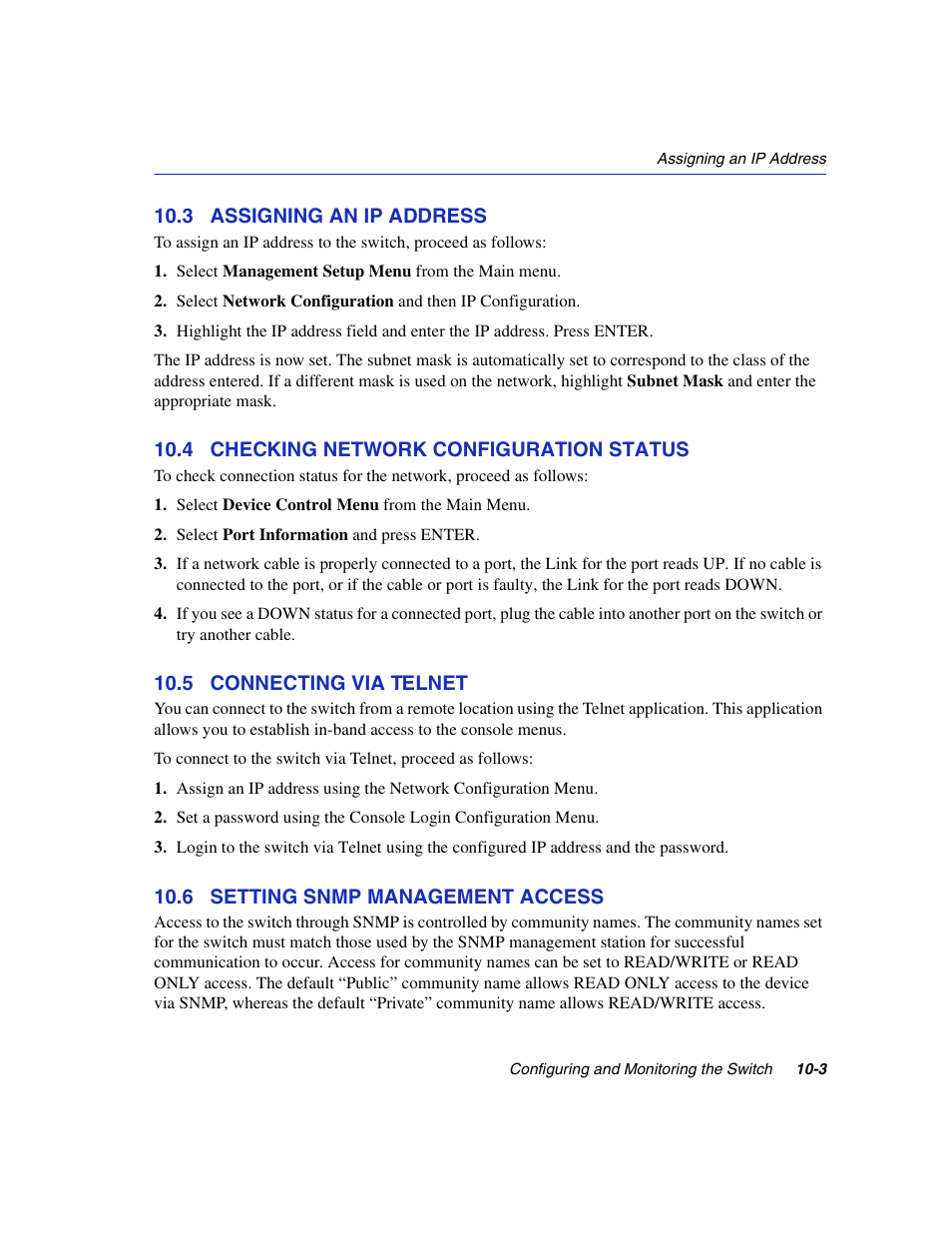 3 assigning an ip address, 4 checking network configuration status, 5 connecting via telnet | 6 setting snmp management access, Section 10.3, Section 10.4, Section 10.5, Section 10.6 | Enterasys Networks 5H1XX User Manual | Page 111 / 144