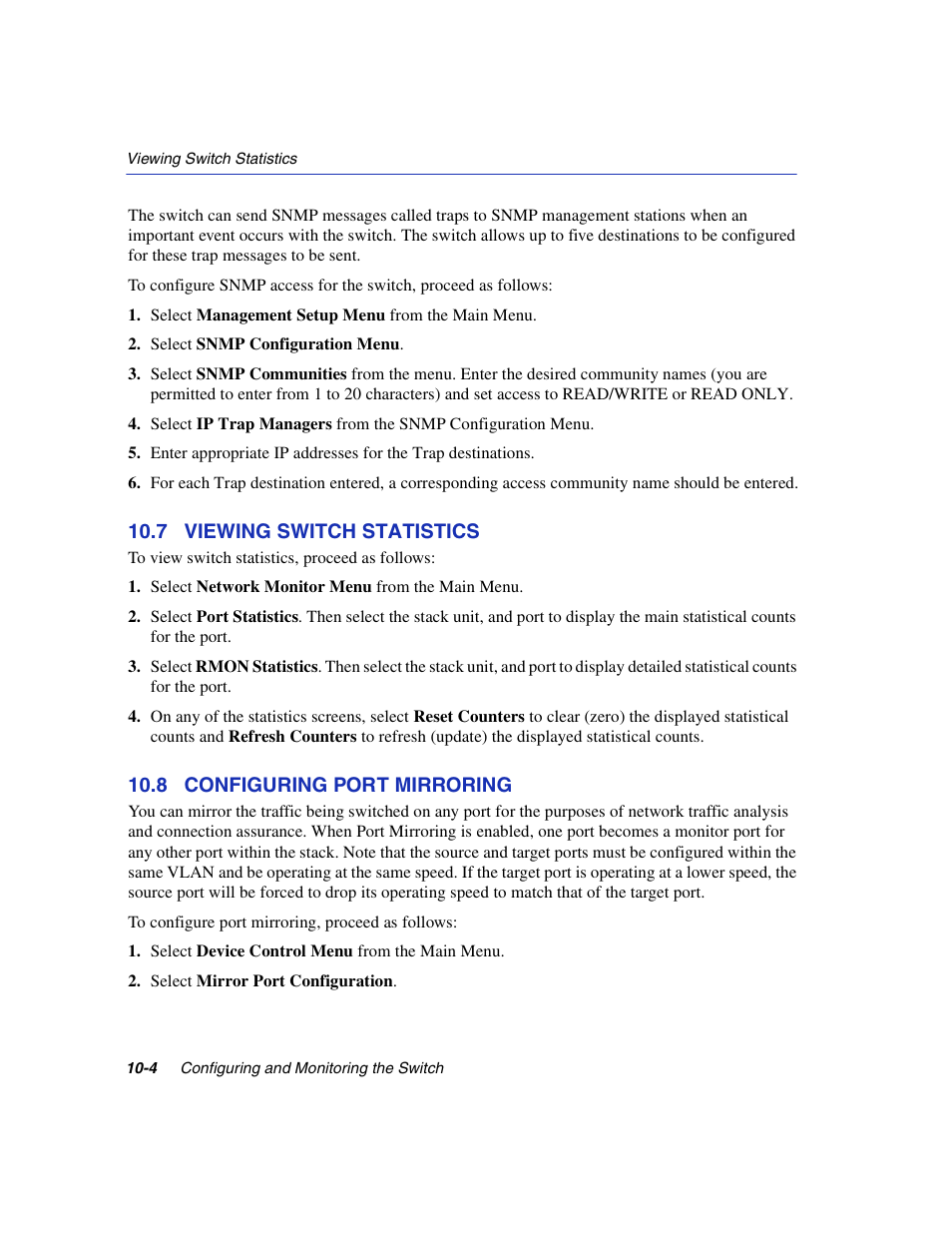 7 viewing switch statistics, 8 configuring port mirroring, Section 10.7 | Section 10.8 | Enterasys Networks 5H1XX User Manual | Page 112 / 144