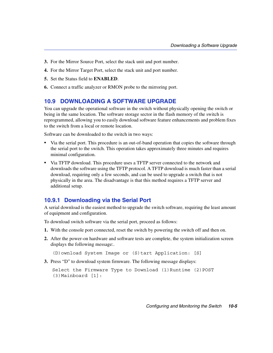 9 downloading a software upgrade, 1 downloading via the serial port, Downloading via the serial port -5 | Section 10.9 | Enterasys Networks 5H1XX User Manual | Page 113 / 144