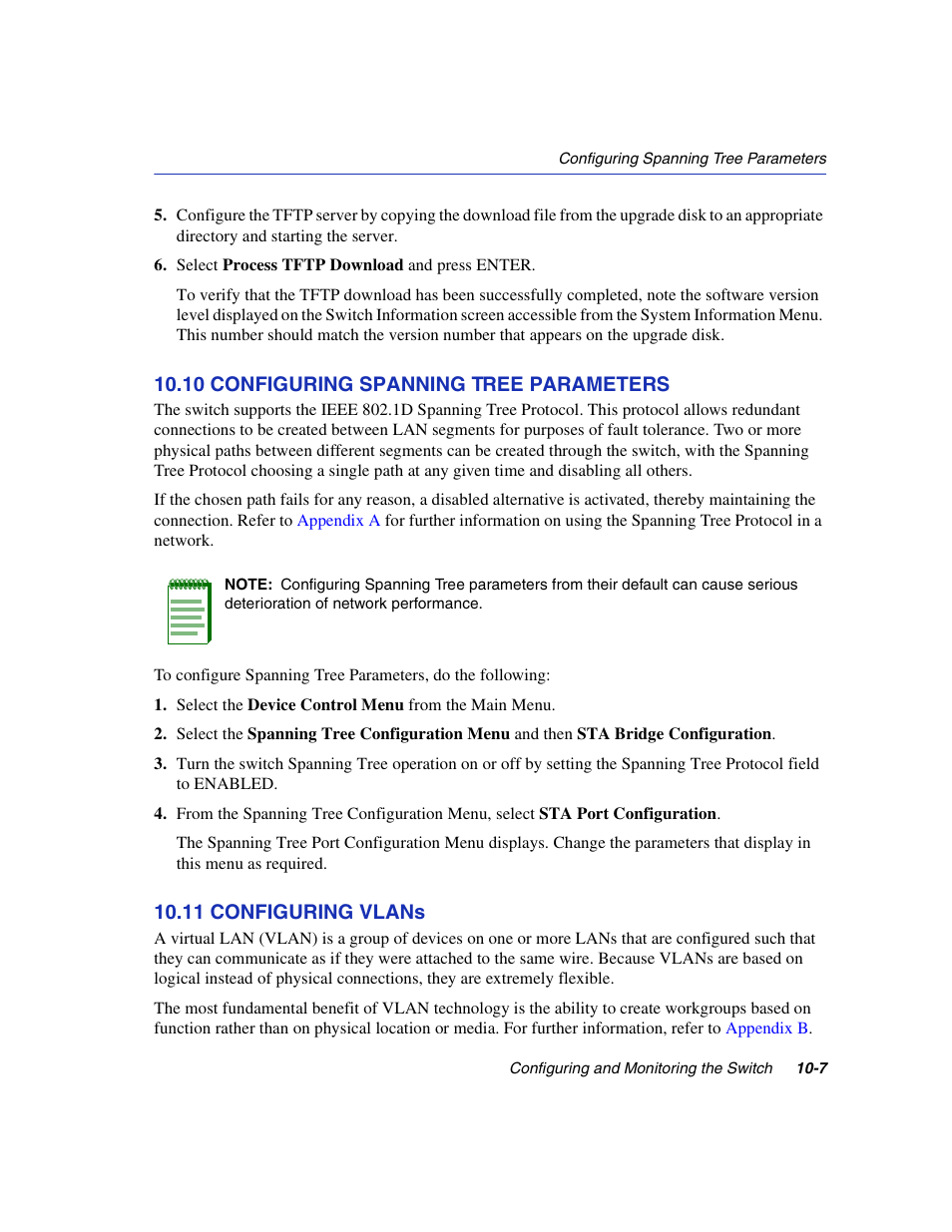 10 configuring spanning tree parameters, 11 configuring vlans, Configuring spanning tree parameters -7 | Configuring vlan, Section 10.10, Section 10.11 | Enterasys Networks 5H1XX User Manual | Page 115 / 144