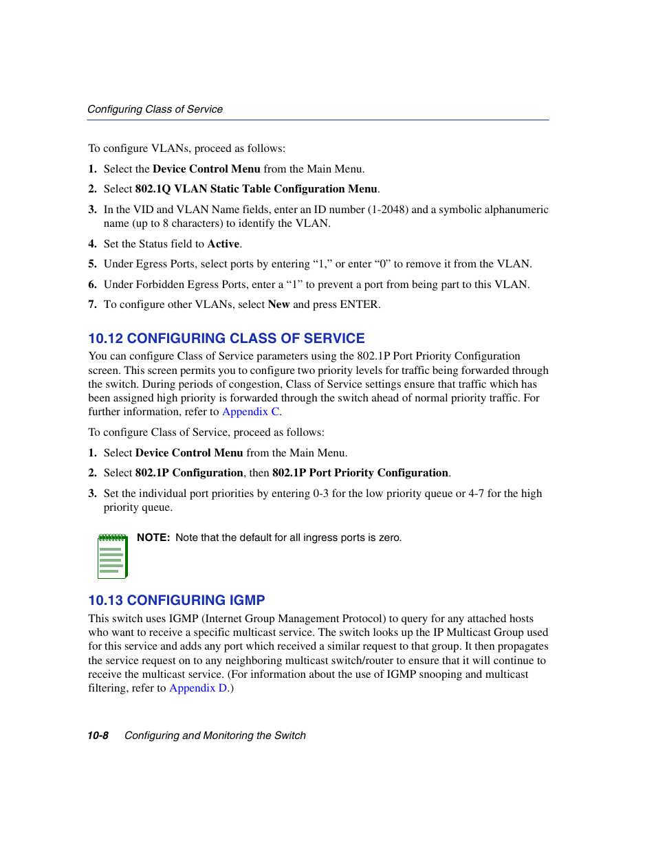 12 configuring class of service, 13 configuring igmp, Configuring class of service -8 | Configuring igmp -8, Section 10.12, Section 10.13 | Enterasys Networks 5H1XX User Manual | Page 116 / 144