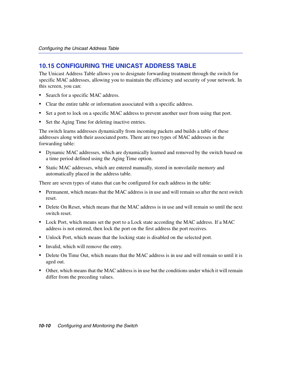 15 configuring the unicast address table, Configuring the unicast address table -10, Section 10.15 | Enterasys Networks 5H1XX User Manual | Page 118 / 144