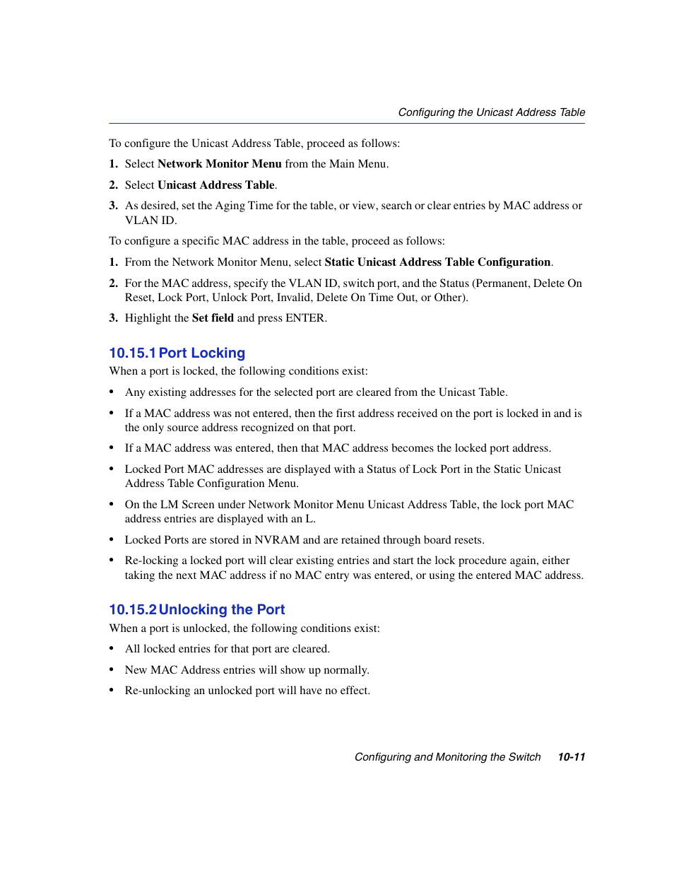 1 port locking, 2 unlocking the port, Port locking -11 | Unlocking the port -11, Section 10.15.1, Section 10.15.2 | Enterasys Networks 5H1XX User Manual | Page 119 / 144