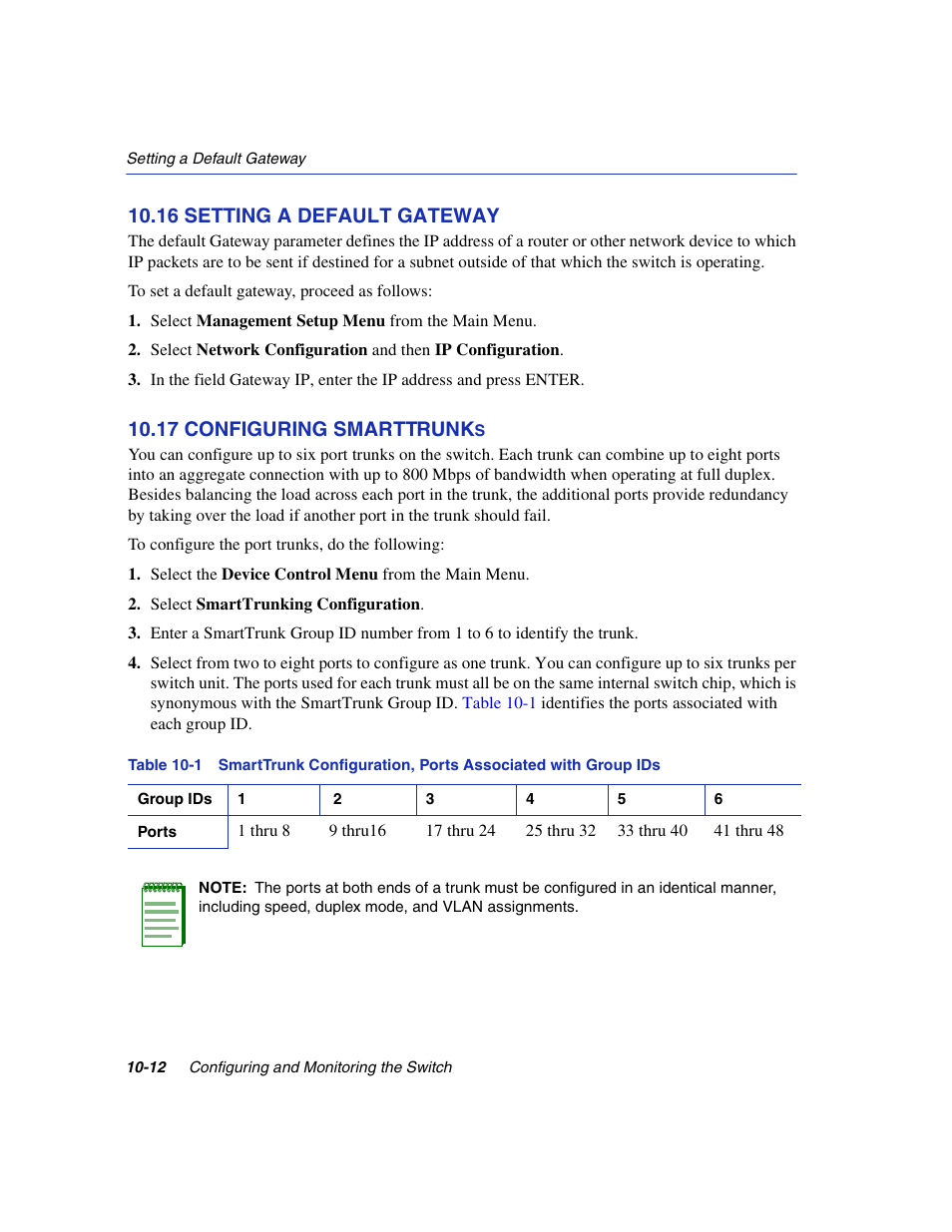 16 setting a default gateway, 17 configuring smarttrunks, Setting a default gateway -12 | Section 10.16, Section 10.17, 17 configuring smarttrunk | Enterasys Networks 5H1XX User Manual | Page 120 / 144