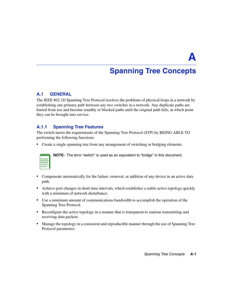 Spanning tree concepts, A.1 general, A.1.1 spanning tree features | A.1.1, Appendix a | Enterasys Networks 5H1XX User Manual | Page 127 / 144