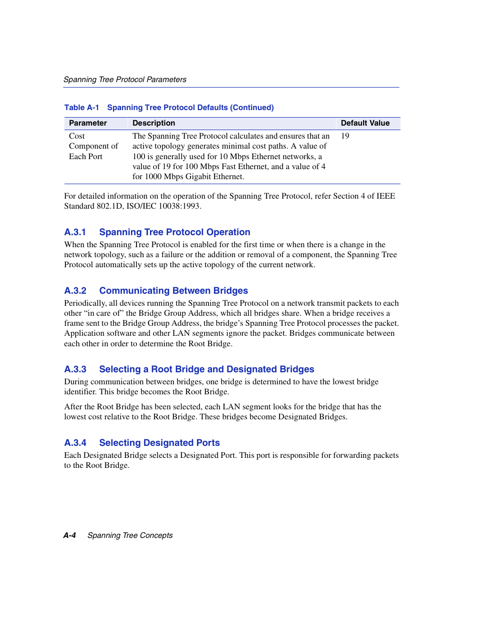 A.3.1 spanning tree protocol operation, A.3.2 communicating between bridges, A.3.4 selecting designated ports | A.3.1, A.3.2, A.3.3, A.3.4 | Enterasys Networks 5H1XX User Manual | Page 130 / 144