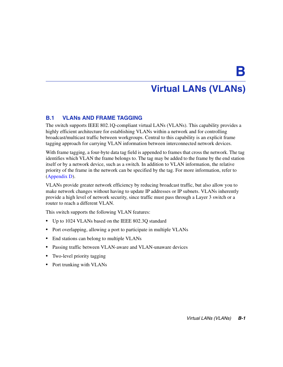 Virtual lans (vlans), B.1 vlans and frame tagging, Vlans | Appendix b | Enterasys Networks 5H1XX User Manual | Page 133 / 144