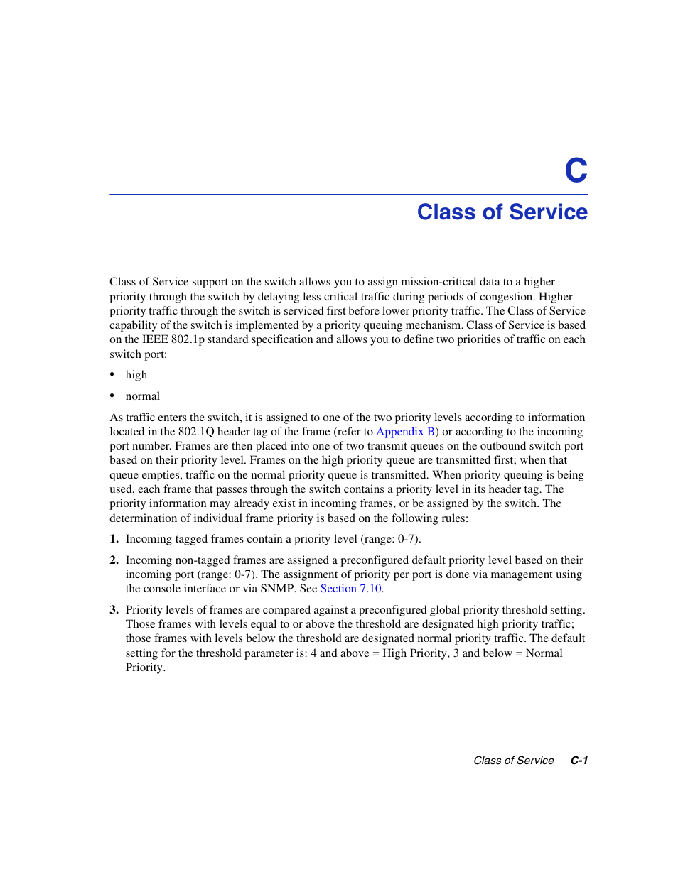 Class of service, Appendix c | Enterasys Networks 5H1XX User Manual | Page 137 / 144