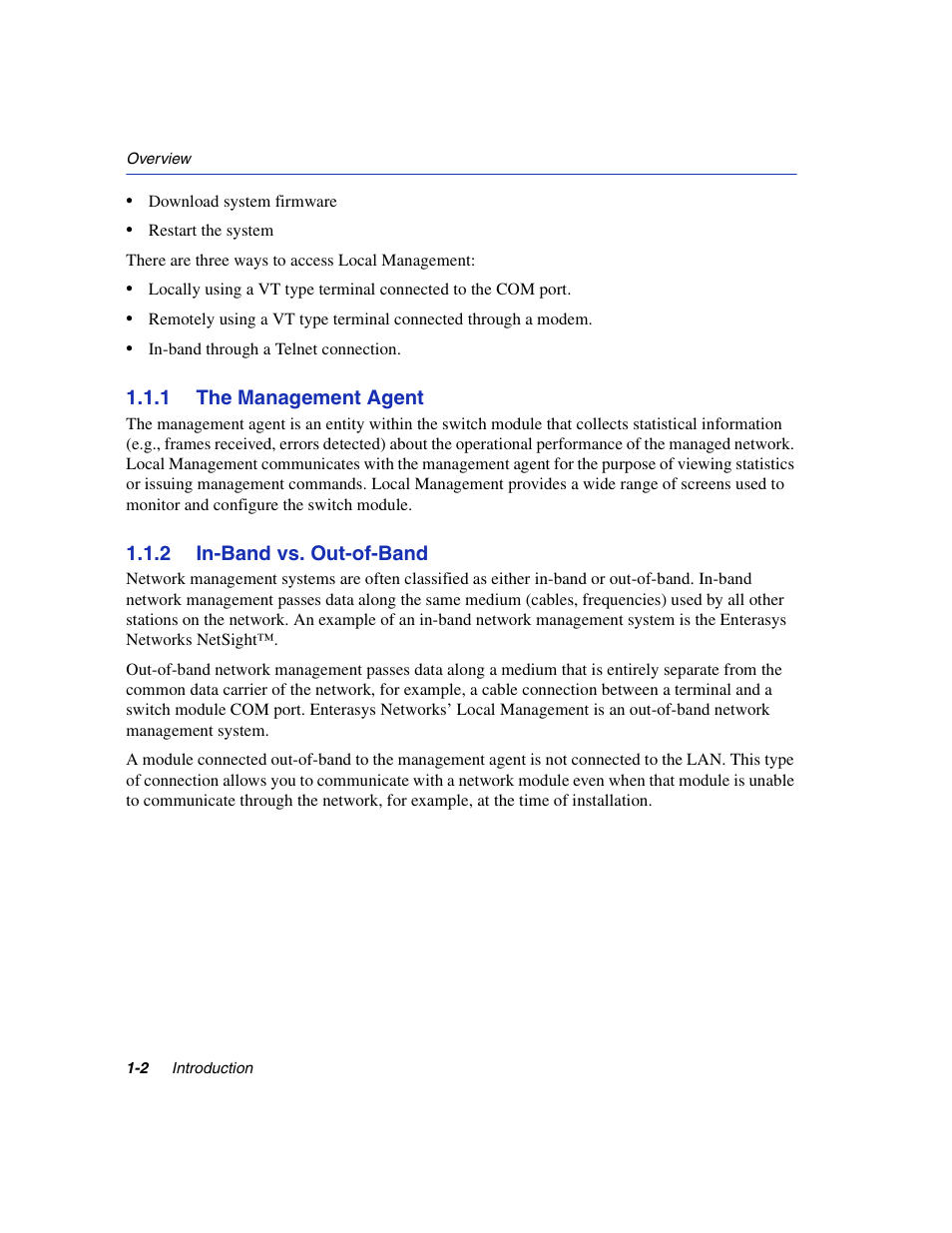 1 the management agent, 2 in-band vs. out-of-band, The management agent -2 | In-band vs. out-of-band -2 | Enterasys Networks 5H1XX User Manual | Page 22 / 144