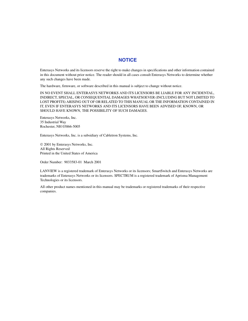 Notice | Enterasys Networks 5H1XX User Manual | Page 3 / 144