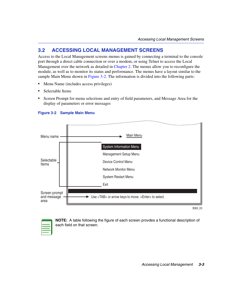 2 accessing local management screens, Accessing local management screens -3, Sample main menu | Section 3.2 | Enterasys Networks 5H1XX User Manual | Page 31 / 144