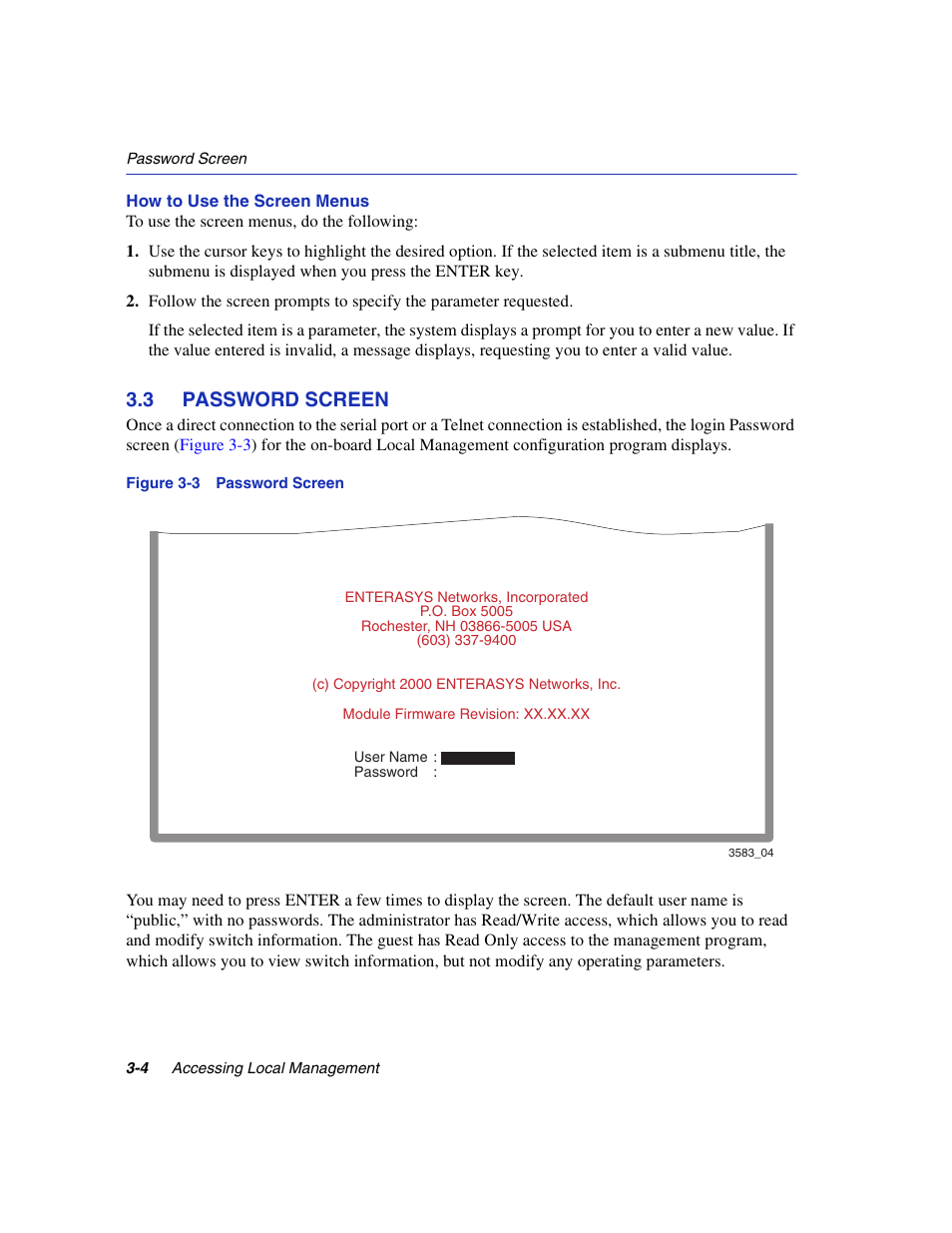 3 password screen, Password screen -4, Password screen | Section 3.3, Password | Enterasys Networks 5H1XX User Manual | Page 32 / 144