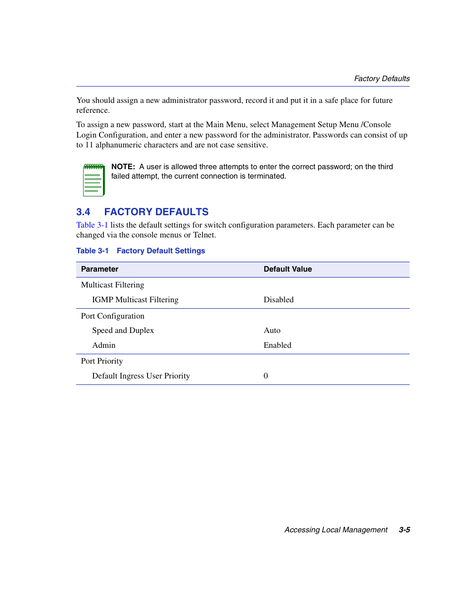 4 factory defaults, Factory defaults -5, Factory default settings | Section 3.4 | Enterasys Networks 5H1XX User Manual | Page 33 / 144