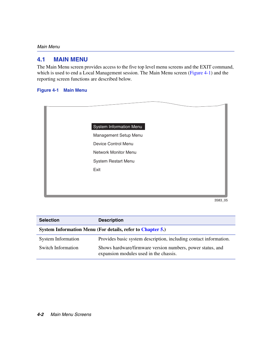 1 main menu, Main menu -2, 1q vlan current table information -29 | Main menu | Enterasys Networks 5H1XX User Manual | Page 36 / 144