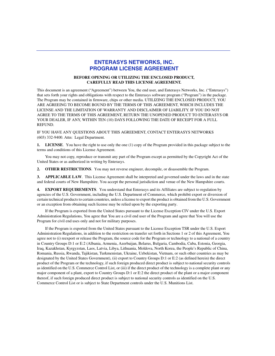 Enterasys networks, inc. program license agreement | Enterasys Networks 5H1XX User Manual | Page 4 / 144