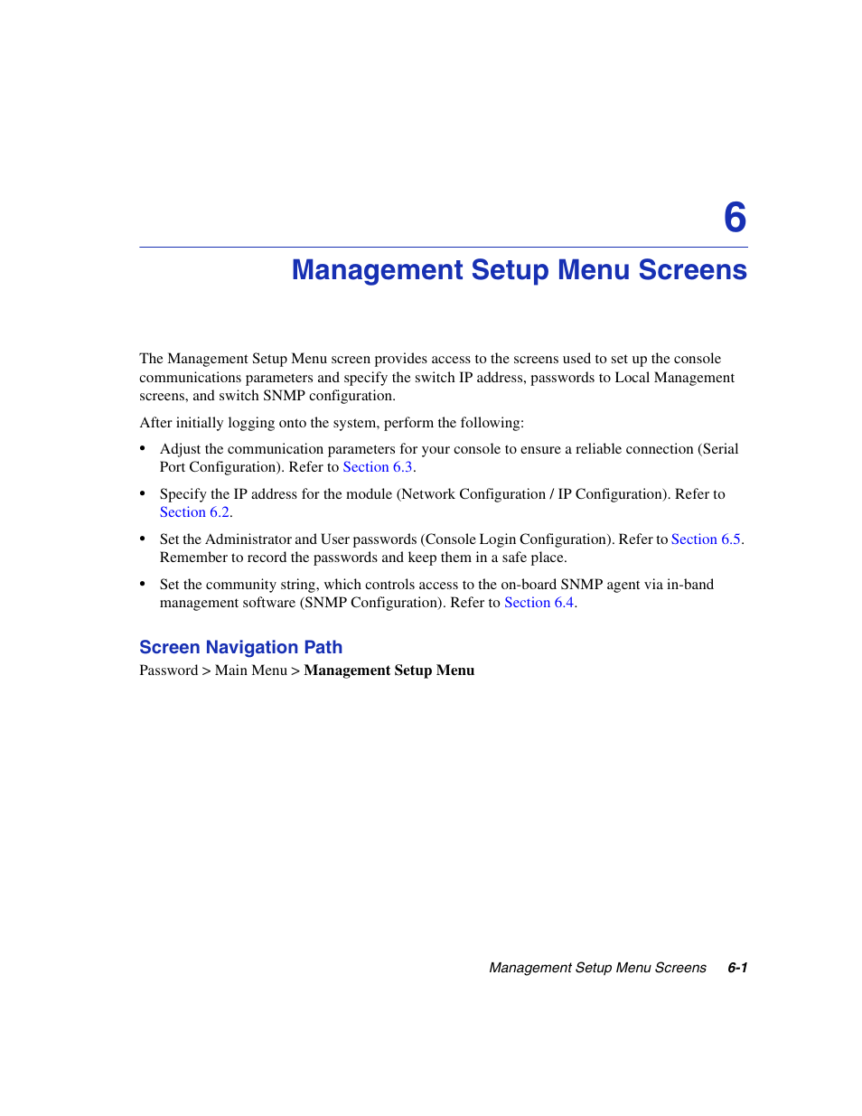 Management setup menu screens, Chapter 6 | Enterasys Networks 5H1XX User Manual | Page 43 / 144