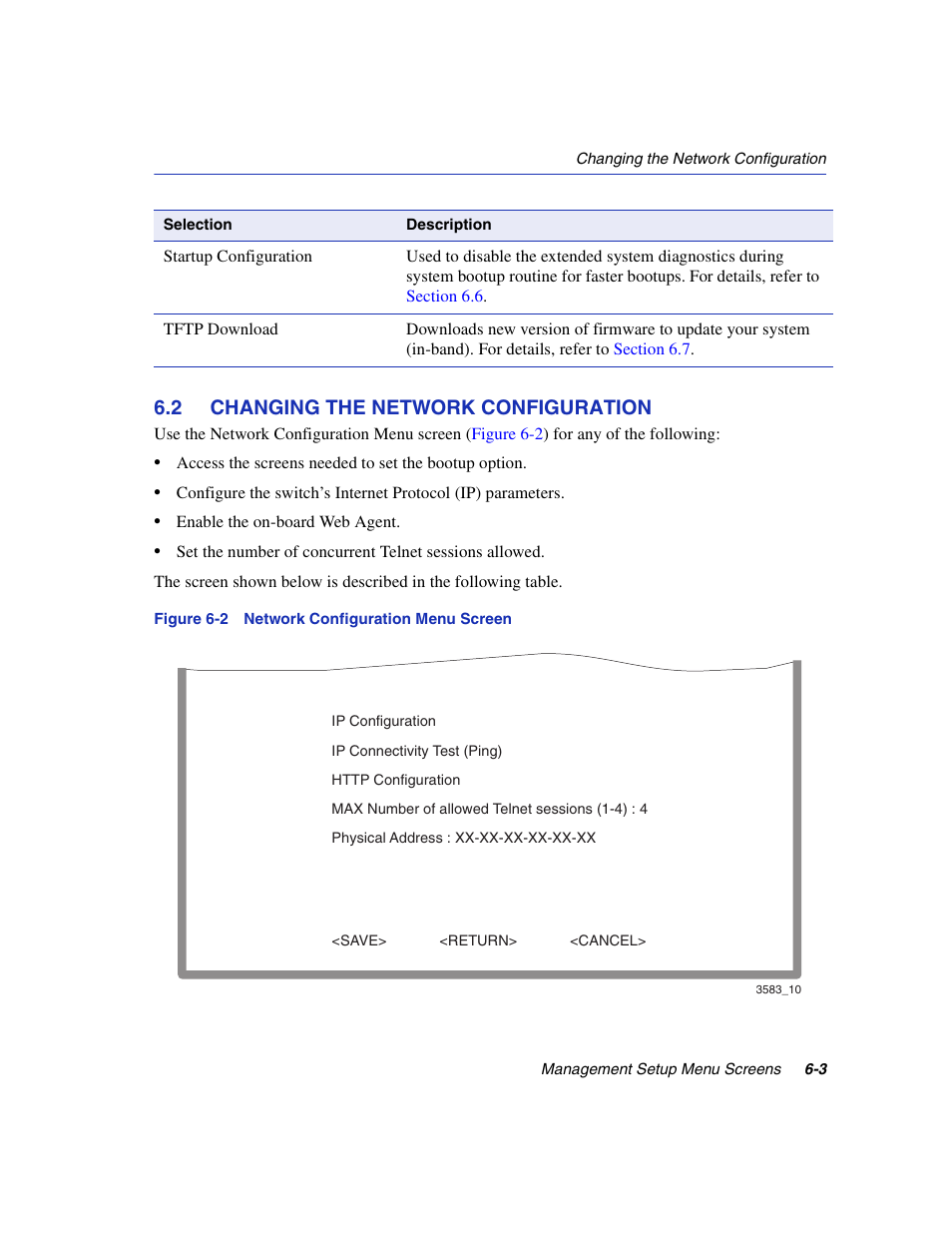 2 changing the network configuration, Changing the network configuration -3, Network configuration menu screen | Network configuration menu, Section 6.2 | Enterasys Networks 5H1XX User Manual | Page 45 / 144