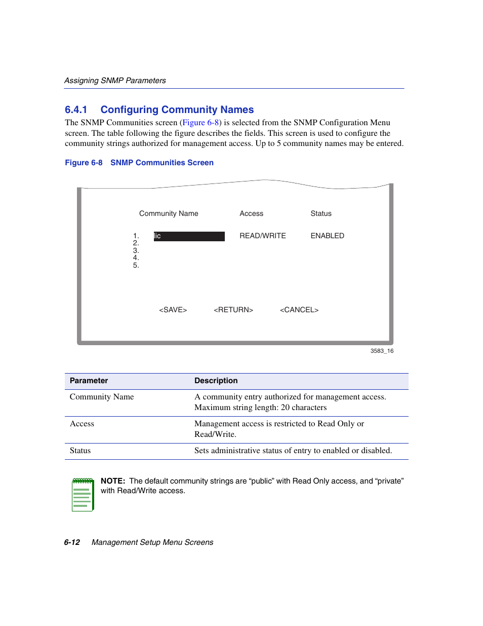 1 configuring community names, Configuring community names -12, Snmp communities screen | Snmp communities, Section 6.4.1 | Enterasys Networks 5H1XX User Manual | Page 54 / 144