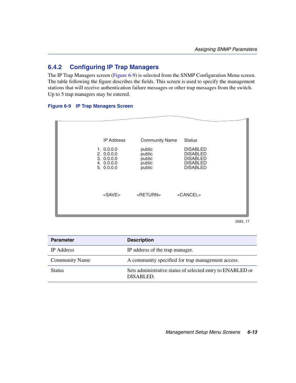 2 configuring ip trap managers, Configuring ip trap managers -13, Ip trap managers screen | Ip trap managers, Section 6.4.2 | Enterasys Networks 5H1XX User Manual | Page 55 / 144