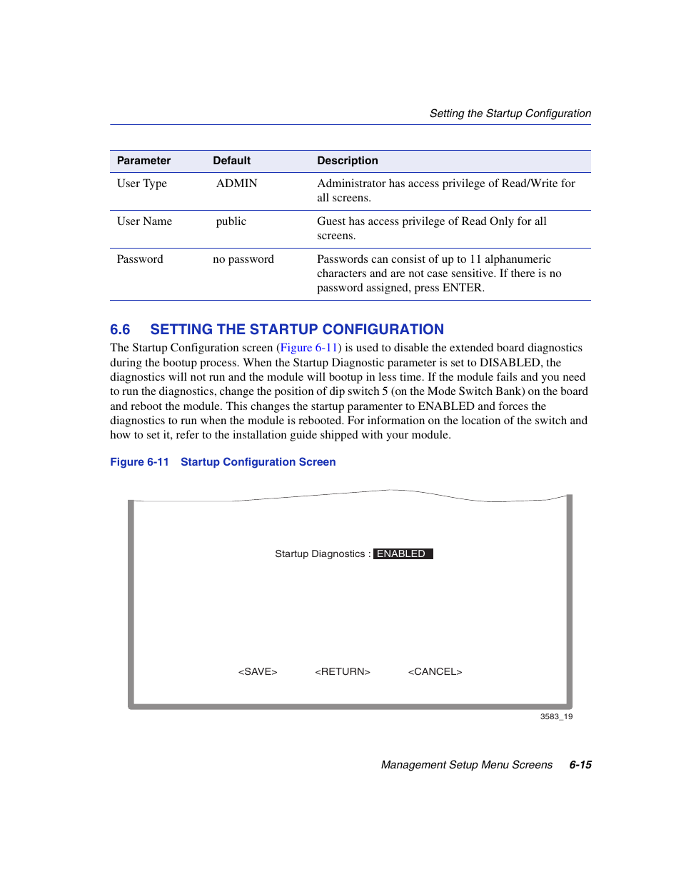 6 setting the startup configuration, Setting the startup configuration -15, Startup configuration screen | Startup configuration, Section 6.6 | Enterasys Networks 5H1XX User Manual | Page 57 / 144