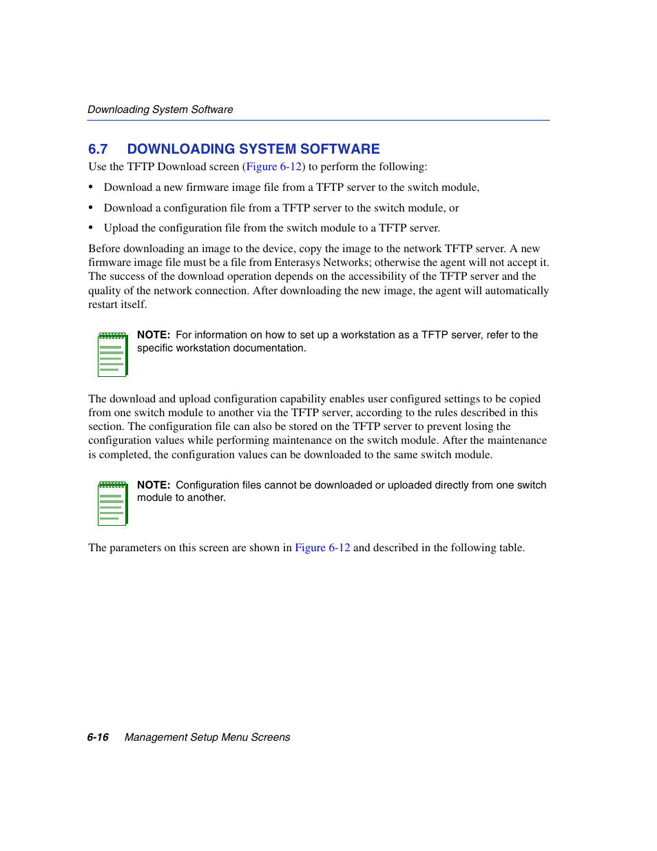 7 downloading system software, Downloading system software -16, Tftp download | Section 6.7 | Enterasys Networks 5H1XX User Manual | Page 58 / 144