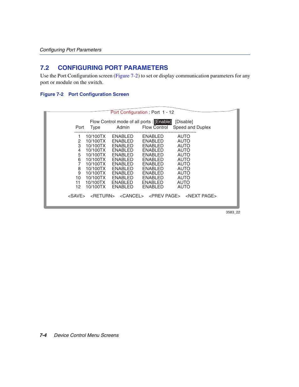 2 configuring port parameters, Configuring port parameters -4, Port configuration screen | Port configuration, Section 7.2 | Enterasys Networks 5H1XX User Manual | Page 64 / 144