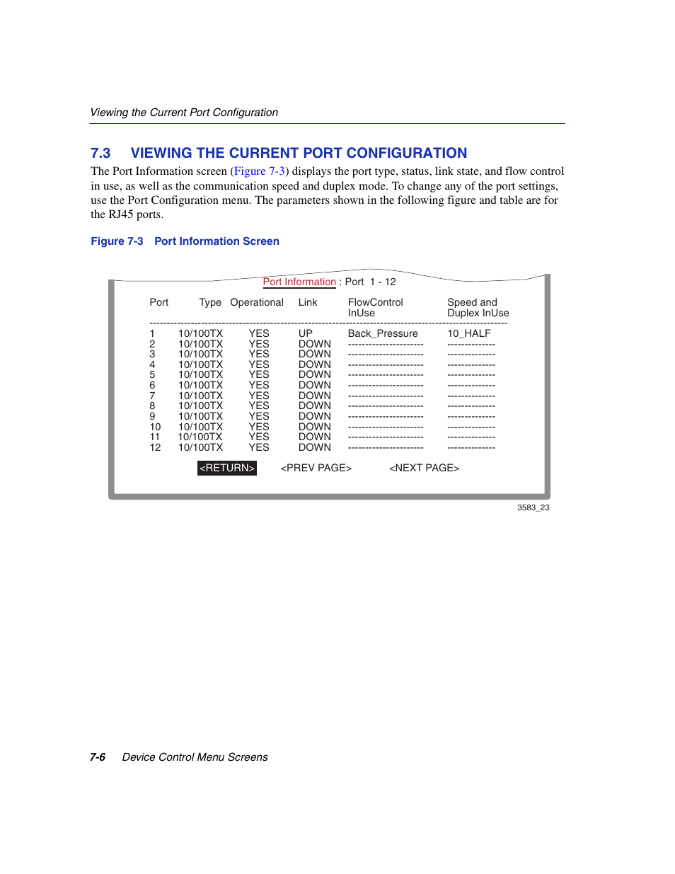 3 viewing the current port configuration, Viewing the current port configuration -6, Port information screen | Port information, Section 7.3 | Enterasys Networks 5H1XX User Manual | Page 66 / 144