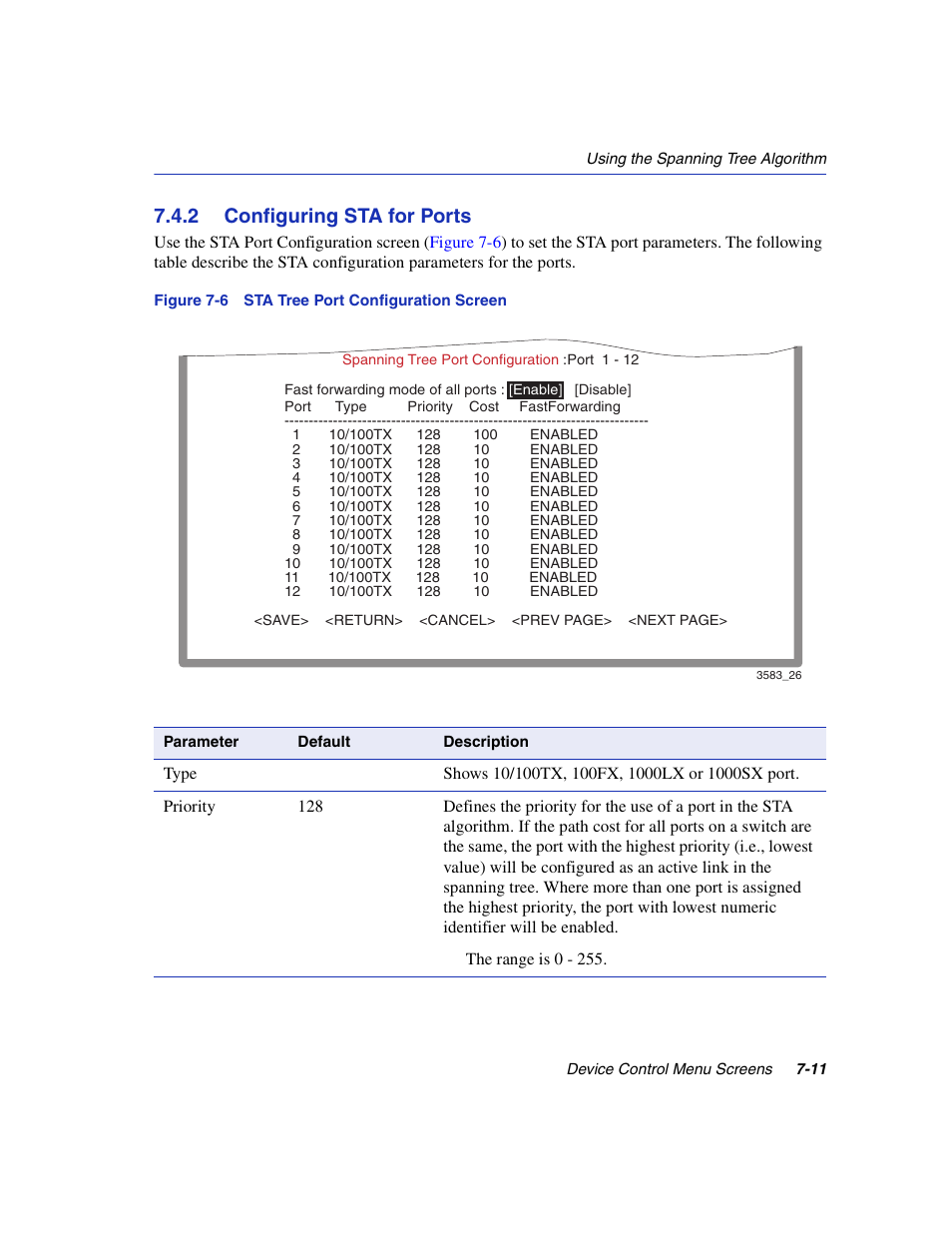 2 configuring sta for ports, Configuring sta for ports -11, Sta tree port configuration screen | Sta port configuration | Enterasys Networks 5H1XX User Manual | Page 71 / 144