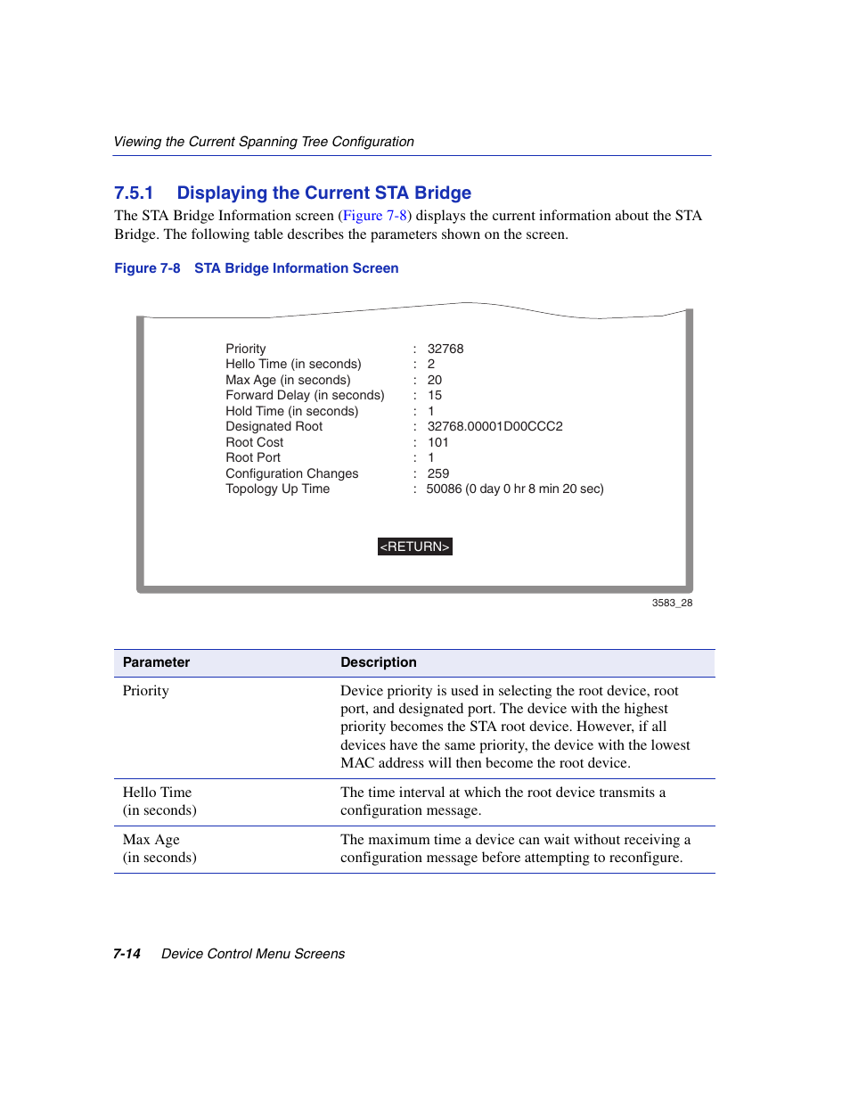 1 displaying the current sta bridge, Displaying the current sta bridge -14, Sta bridge information screen | Sta bridge information | Enterasys Networks 5H1XX User Manual | Page 74 / 144