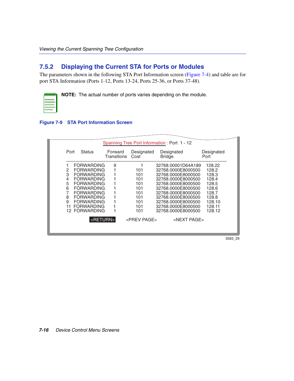 2 displaying the current sta for ports or modules, Sta port information screen, Information | Enterasys Networks 5H1XX User Manual | Page 76 / 144