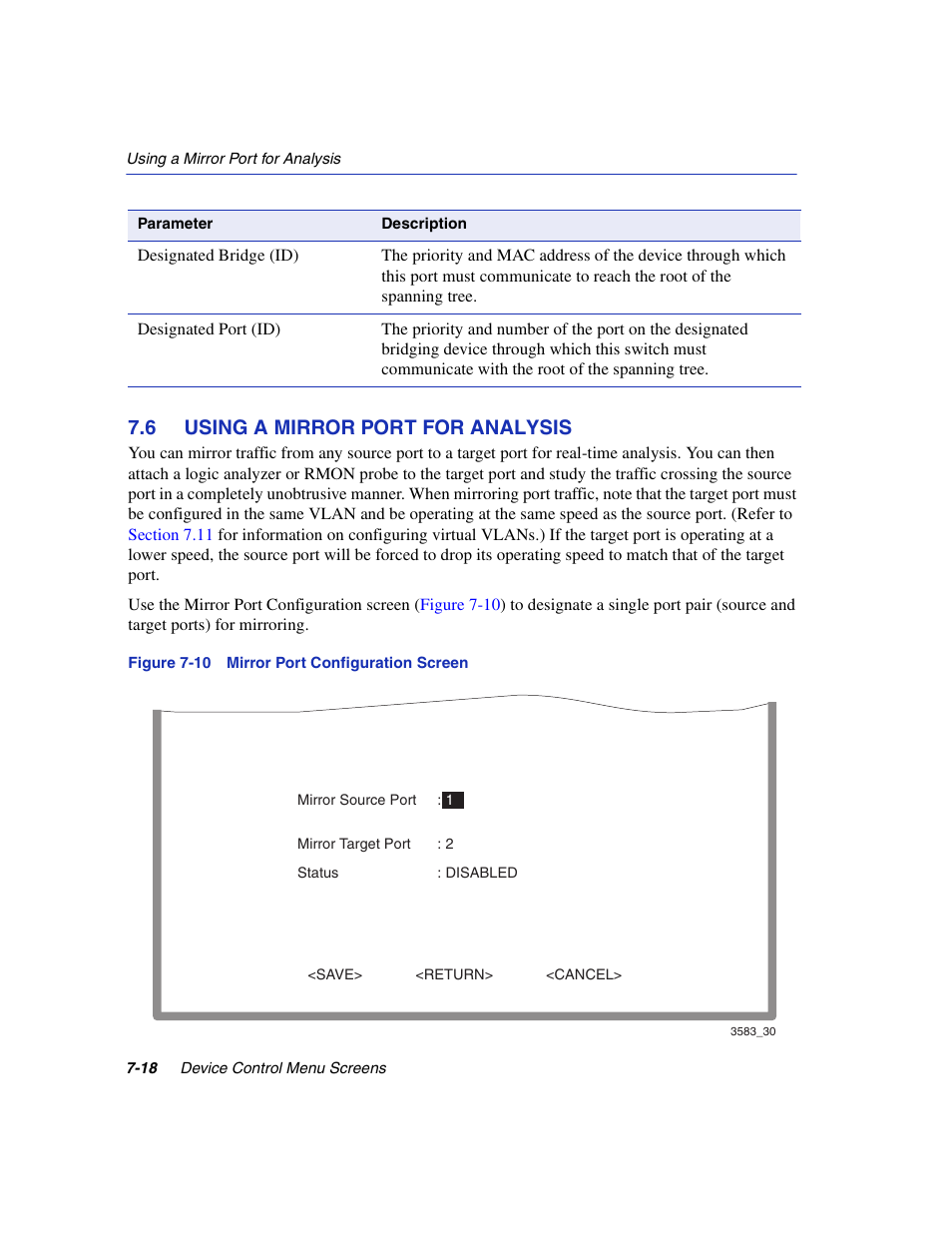 6 using a mirror port for analysis, Using a mirror port for analysis -18, Mirror port configuration screen | Mirror port configuration, Section 7.6 | Enterasys Networks 5H1XX User Manual | Page 78 / 144