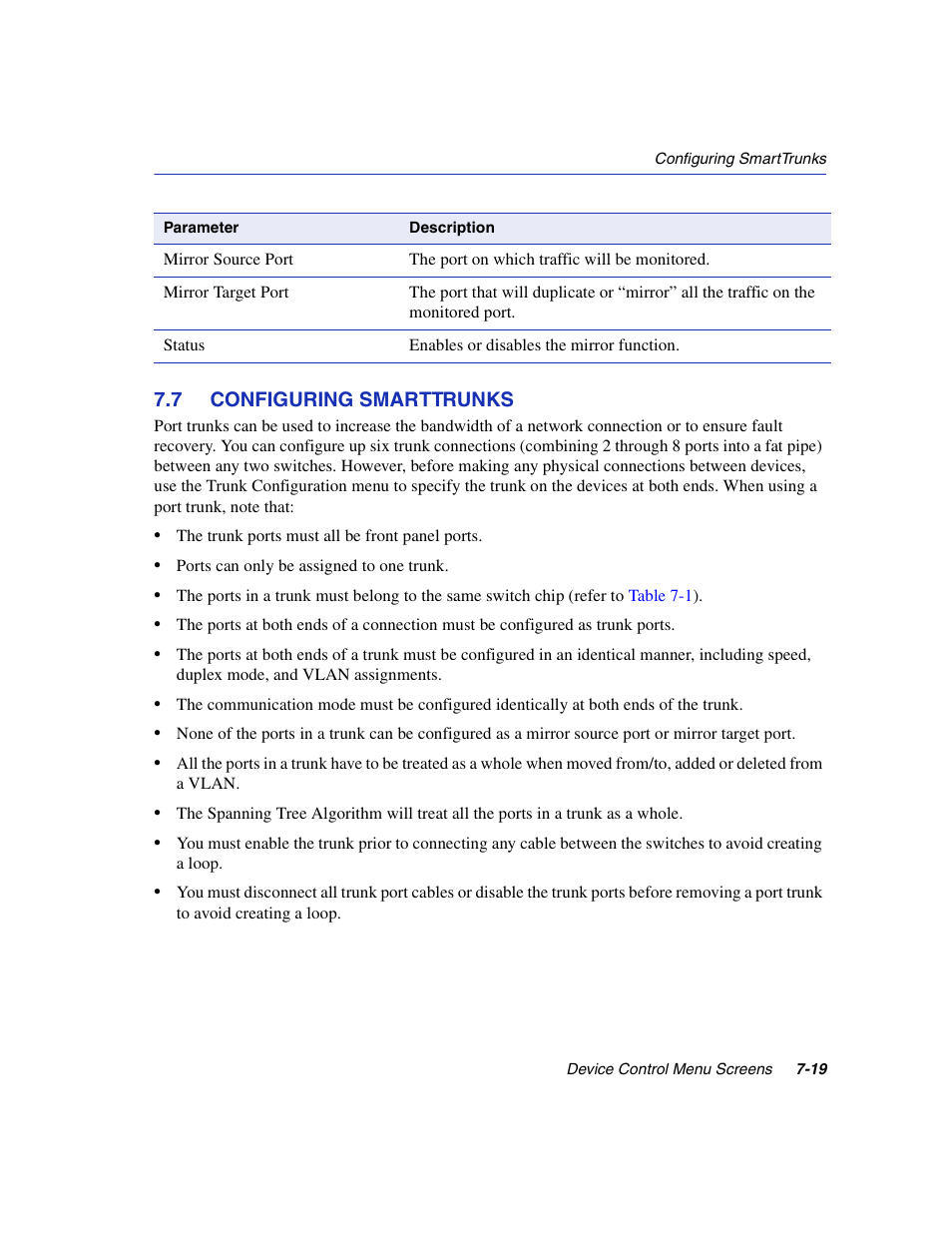 7 configuring smarttrunks, Configuring smarttrunks -19, Smarttrunking configuration | Section 7.7 | Enterasys Networks 5H1XX User Manual | Page 79 / 144