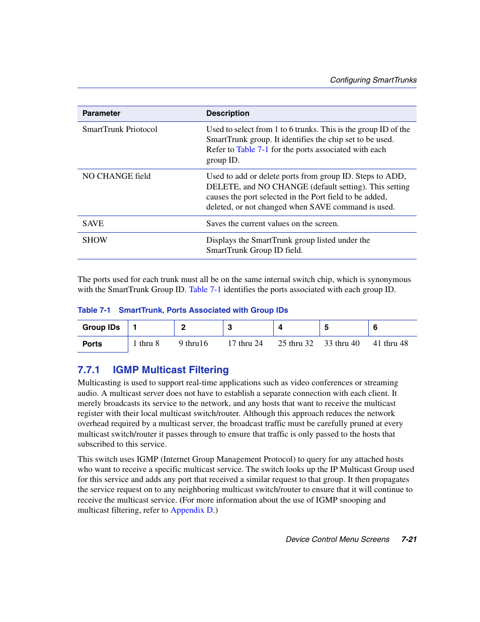 1 igmp multicast filtering, Igmp multicast filtering -21, Smarttrunk, ports associated with group ids | Table 7-1 | Enterasys Networks 5H1XX User Manual | Page 81 / 144