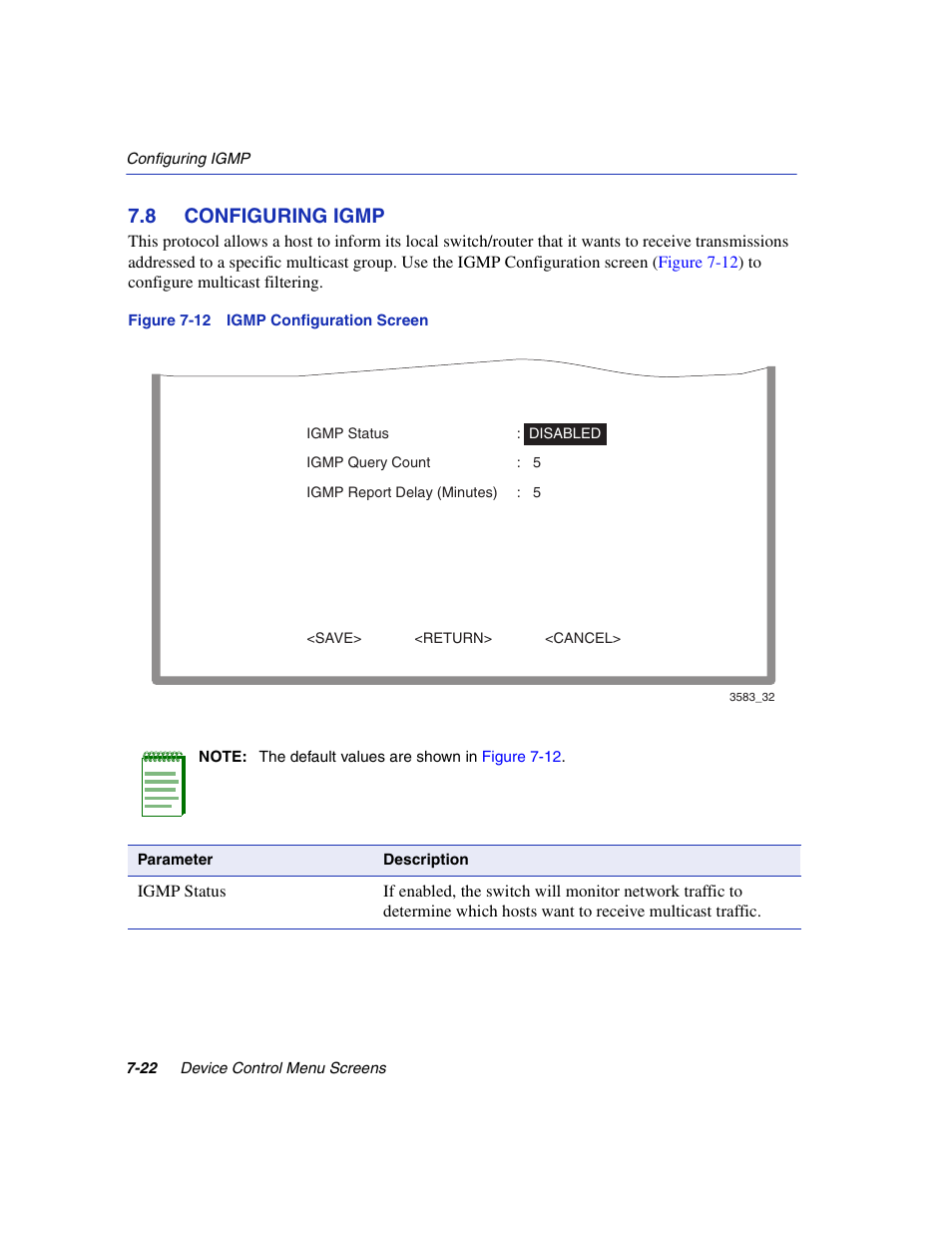 8 configuring igmp, Configuring igmp -22, Igmp configuration screen | Igmp configuration, Section 7.8 | Enterasys Networks 5H1XX User Manual | Page 82 / 144