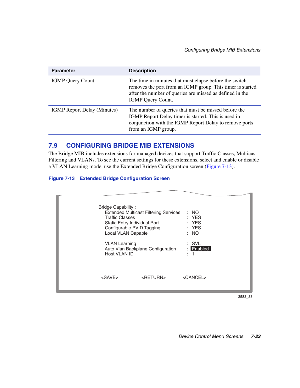 9 configuring bridge mib extensions, Configuring bridge mib extensions -23, Extended bridge configuration screen | Extended bridge configuration, Section 7.9 | Enterasys Networks 5H1XX User Manual | Page 83 / 144