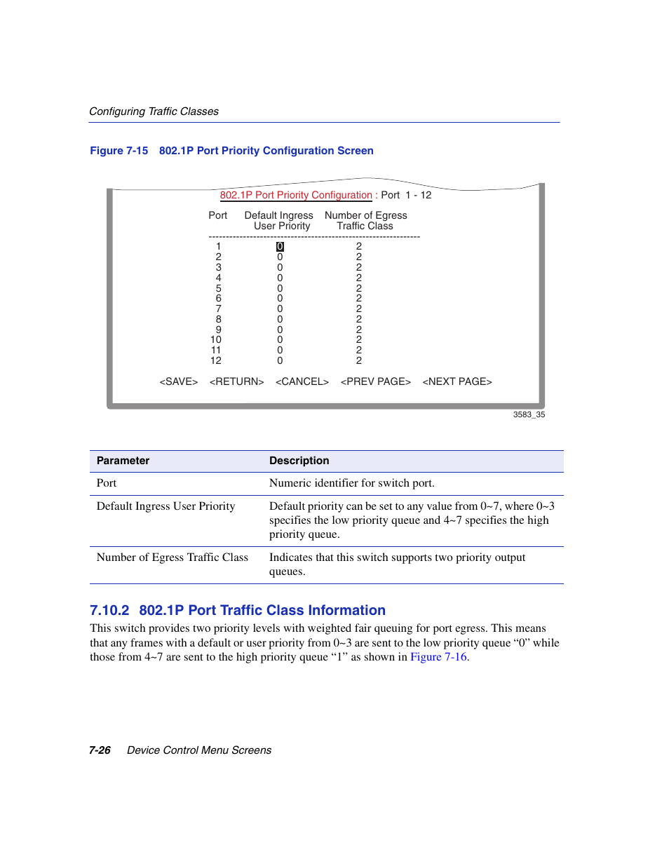 2 802.1p port traffic class information, 1p port traffic class information -26, 1p port priority configuration screen | 1p port traffic class information, Figure 7-15 | Enterasys Networks 5H1XX User Manual | Page 86 / 144