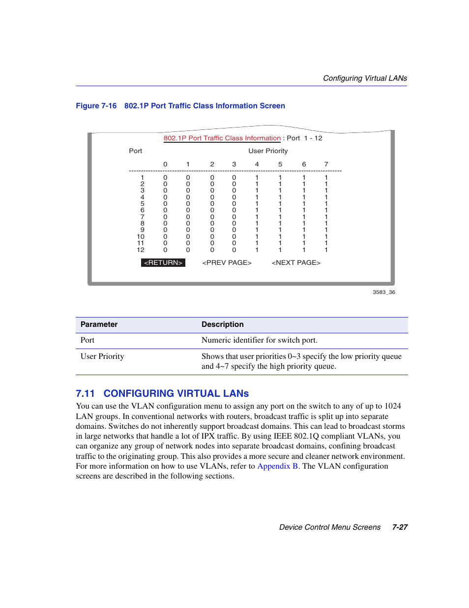 11 configuring virtual lans, Configuring virtual lans, 1p port traffic class information screen | Section 7.11 | Enterasys Networks 5H1XX User Manual | Page 87 / 144