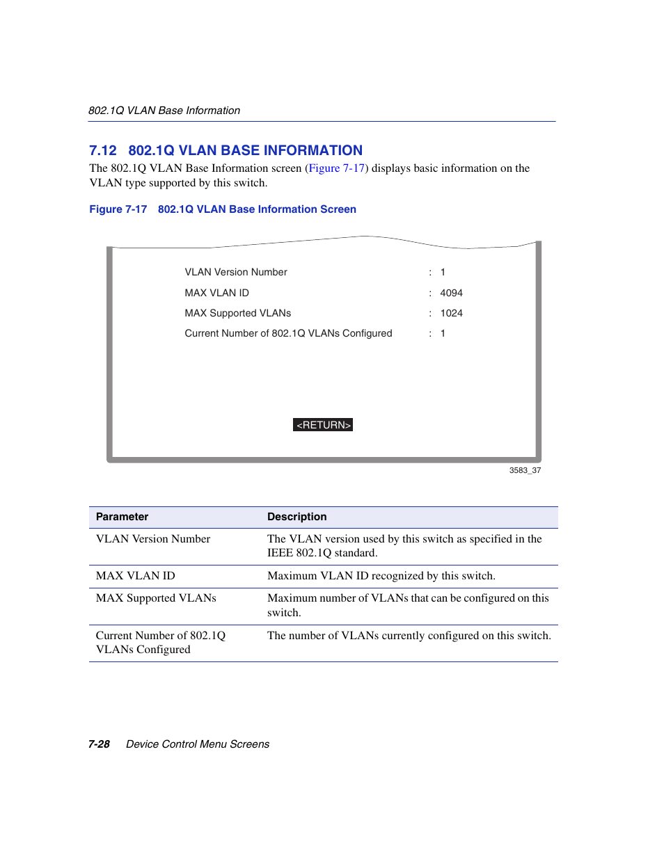 12 802.1q vlan base information, 1q vlan base information -28, 1q vlan base information screen | 1q vlan base information, Section 7.12 | Enterasys Networks 5H1XX User Manual | Page 88 / 144