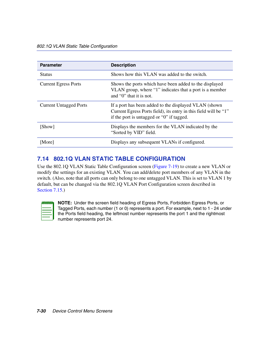14 802.1q vlan static table configuration, 1q vlan static table configuration -30, Mib objects | 1q vlan static table configuration, Section 7.14 | Enterasys Networks 5H1XX User Manual | Page 90 / 144