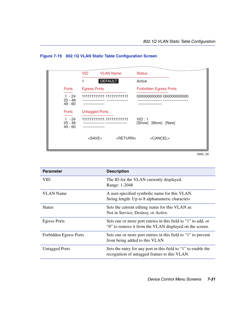 1q vlan static table configuration screen, Figure 7-19, To c | Enterasys Networks 5H1XX User Manual | Page 91 / 144